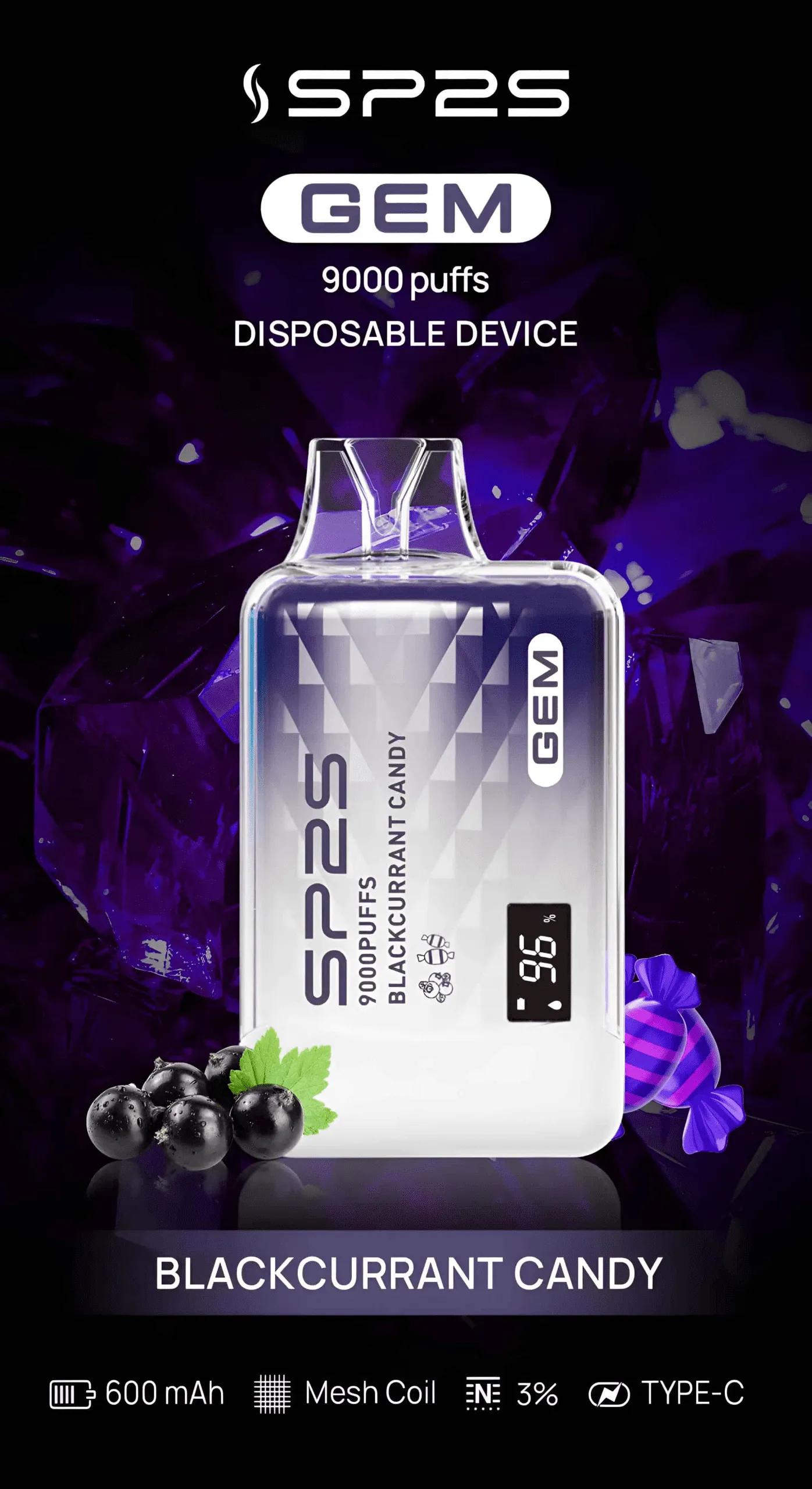 SP2S 一次性/拋棄式 9000 口 黑加侖糖果